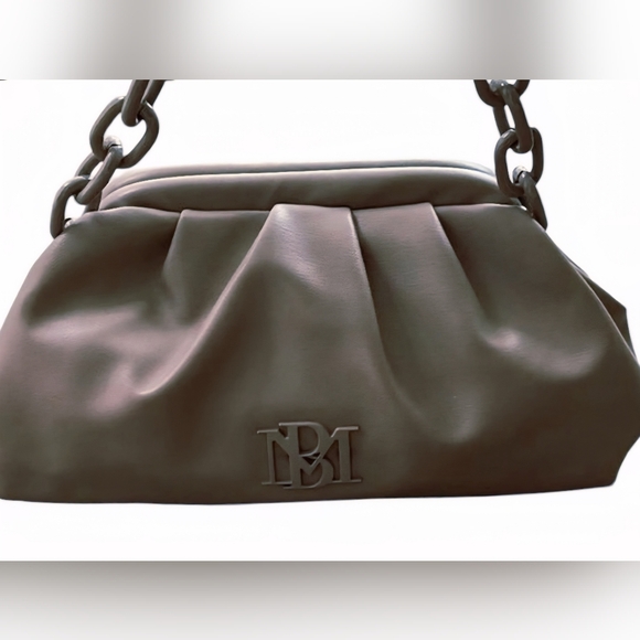 NWT Badgley Mischka Vegan Leather Frame Clutch Taupe BM Logo Convertible Strap - Picture 8 of 10